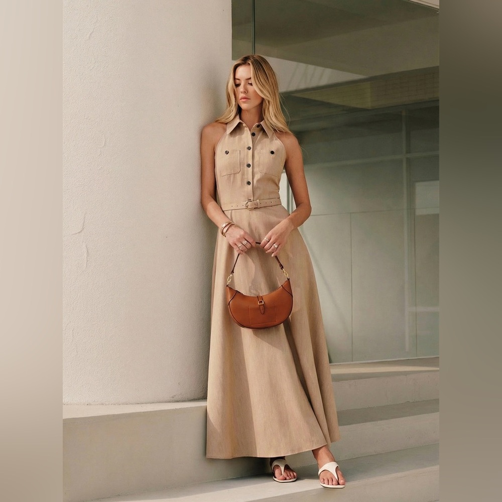 Commense Collared Halter Backless Belted Maxi Dress